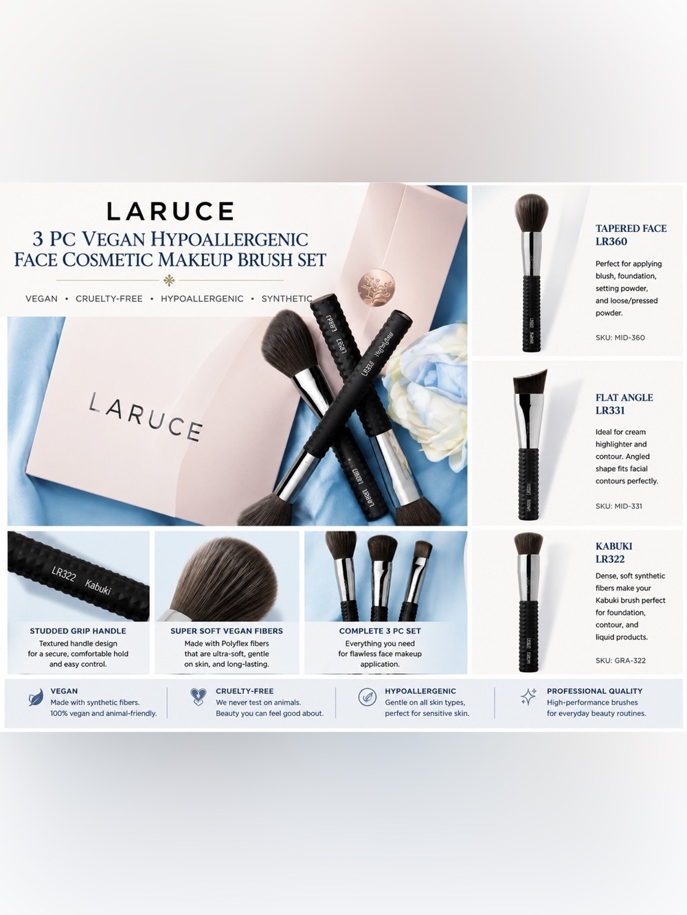 Laruce 3PC Vegan Hypoallergenic Makeup Brush Set NEW Cruelty Free Soft Synthetic